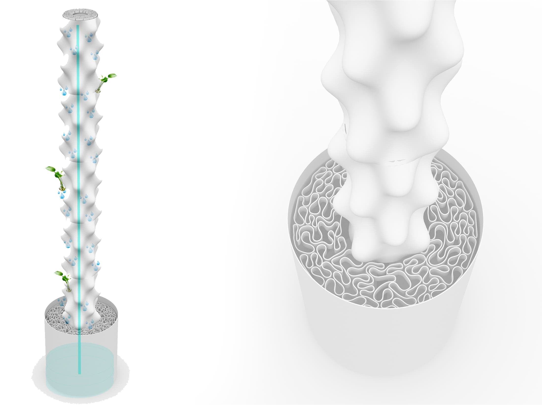 Water circulation and nutrient uptake. The multi-level units are geometrically designed with bumps as habitats for seedlings' rhizosphere.